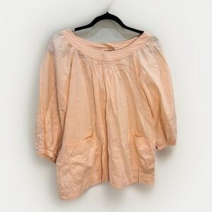 Sandro Peach Smocked Scoop Neck‎ Peasant Feminine Top¾ Sleeve Cotton Boho Chic S